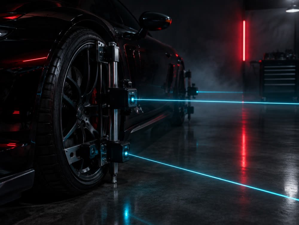 Laser alignment rig projecting cyan beams across a workshop floor