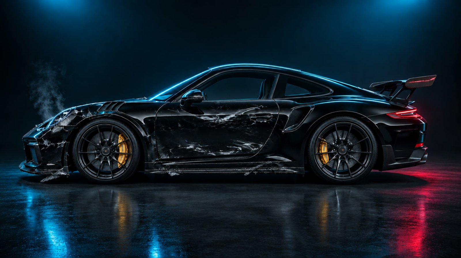 Damaged sports car being restored by a laser scan