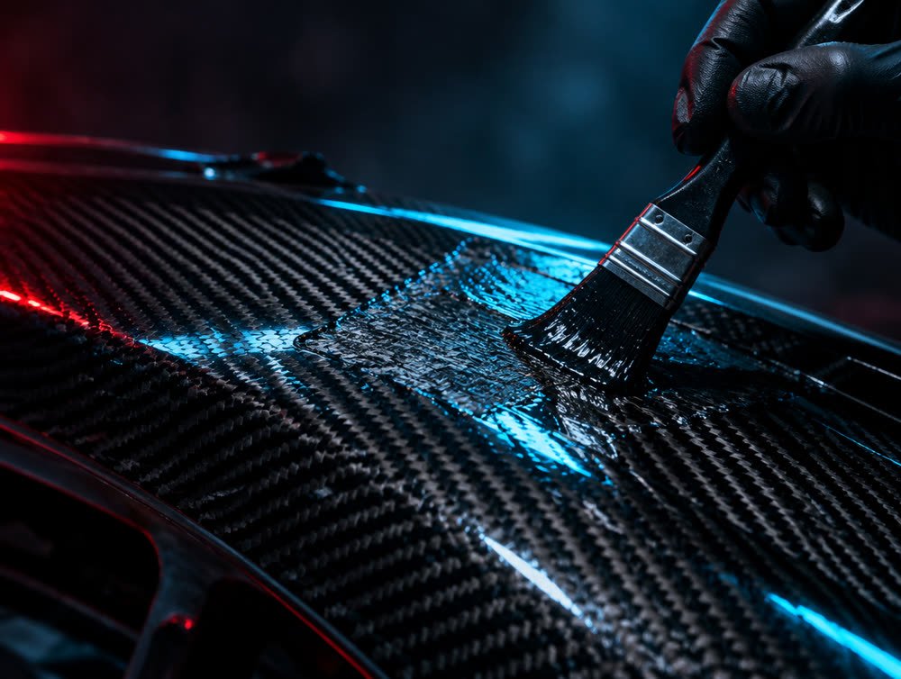 Close-up of woven carbon fibre composite under repair